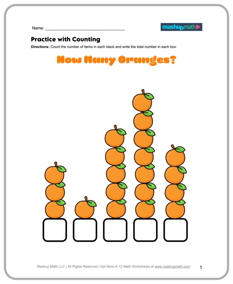 Free K 12 Math Worksheets featuring a counting exercise with oranges