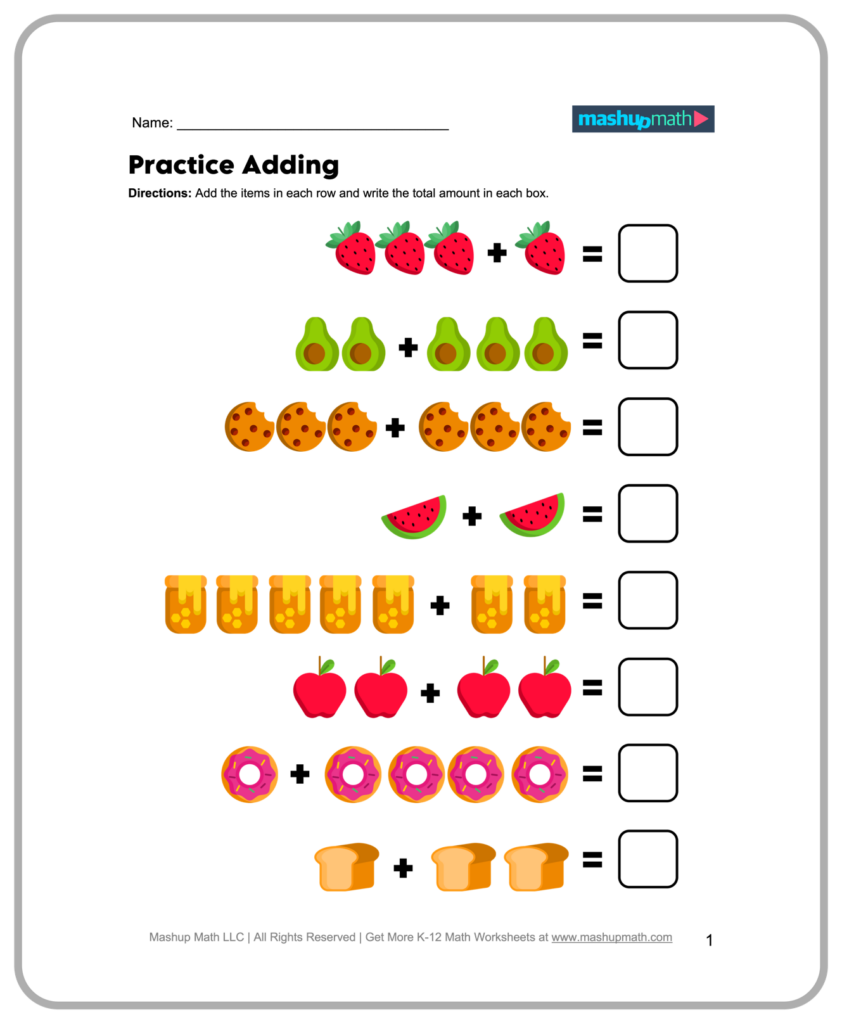 Free kindergarten math worksheets featuring practice adding with fun illustrations