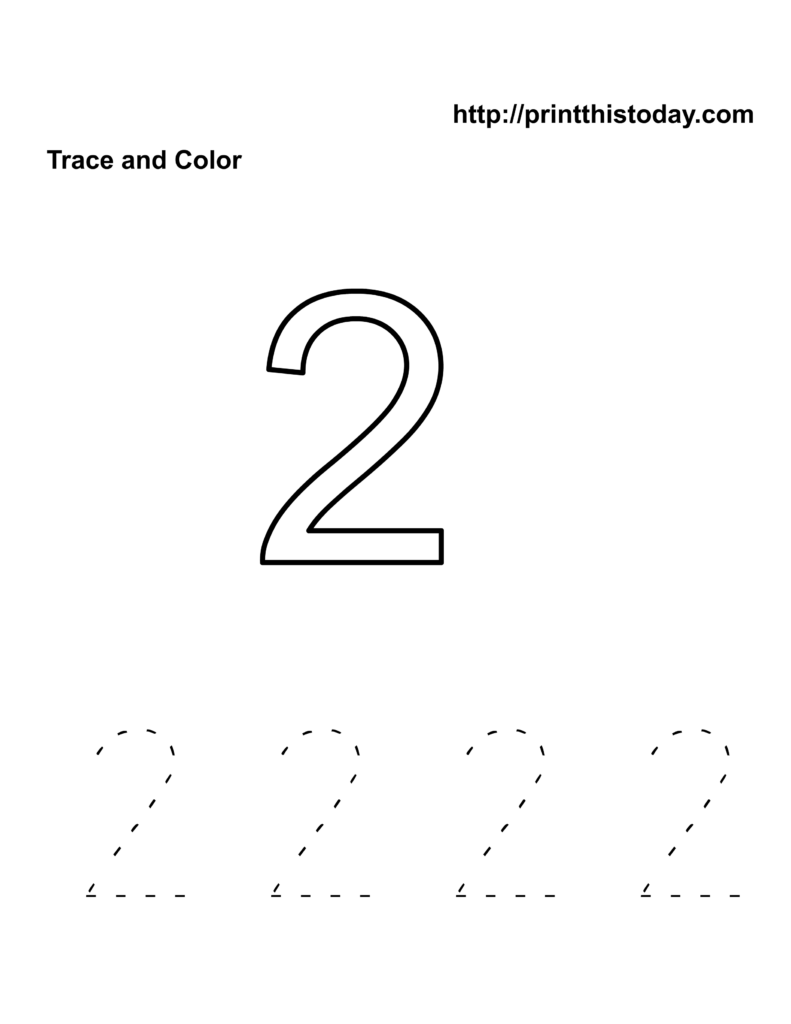 Printable kindergarten worksheet for tracing and coloring the number two