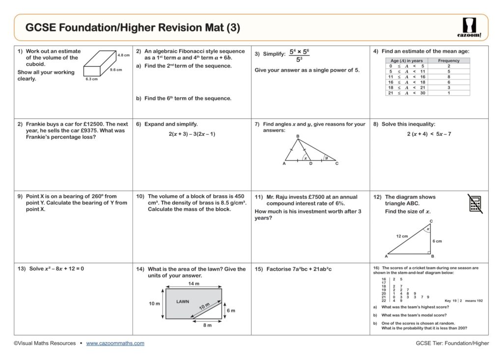 Free Ks3 Maths Revision Worksheets - gcse maths revision worksheets