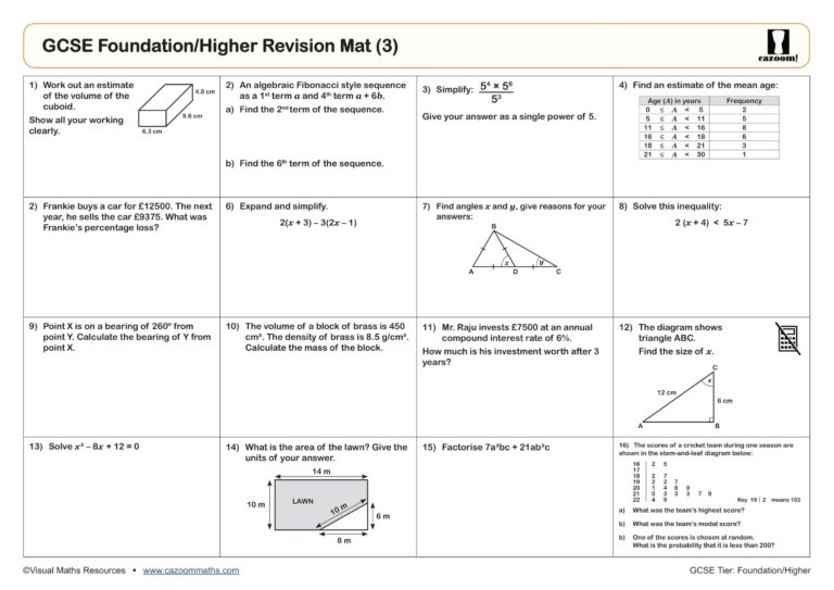Free Ks3 Maths Revision Worksheets - gcse maths revision worksheets