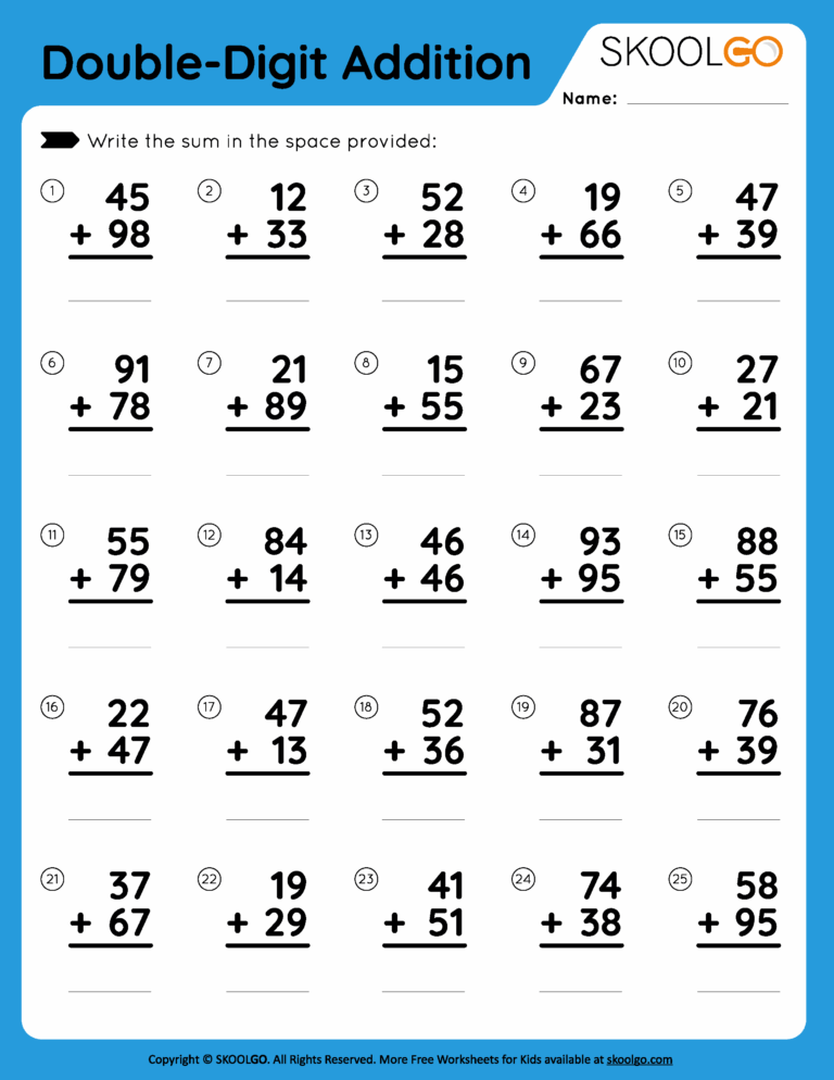 Free Math Drill Sheets Addition - double digit addition