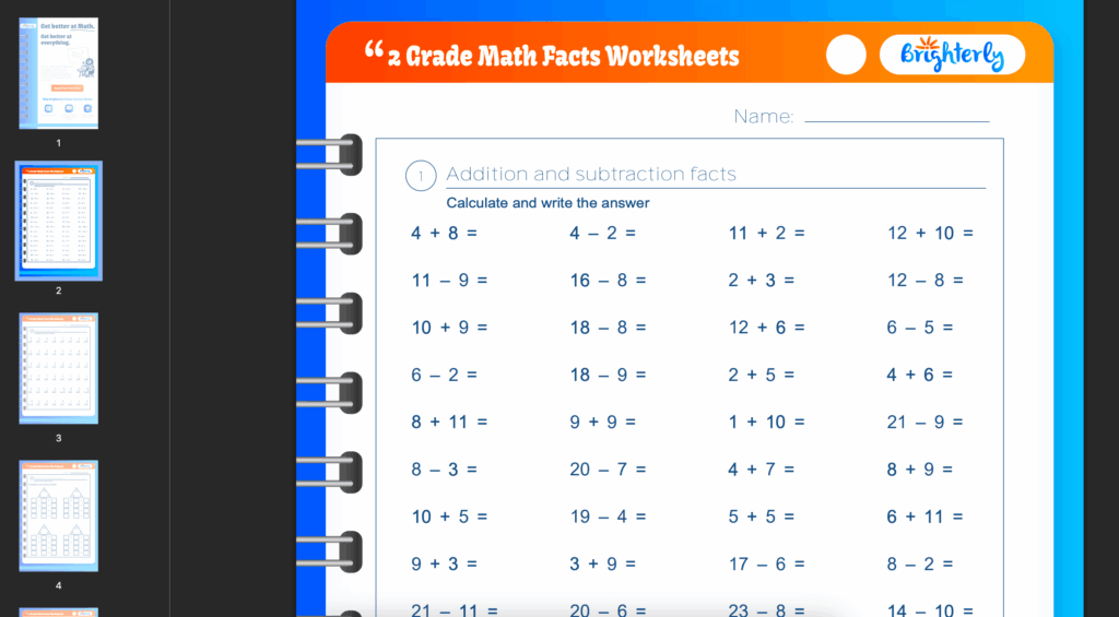 Free Math Fact Sheets 2nd Grade
