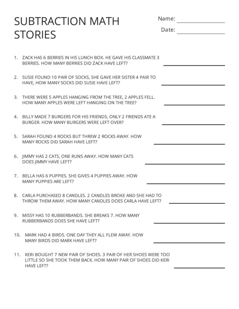 Free Math Story Problem Worksheets featuring subtraction story problems for practice