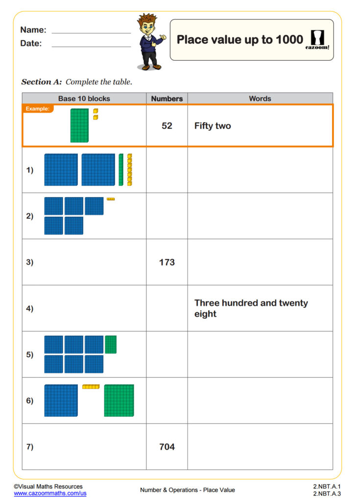 Free printable math worksheet on place value up to 1000 with blocks and numbers
