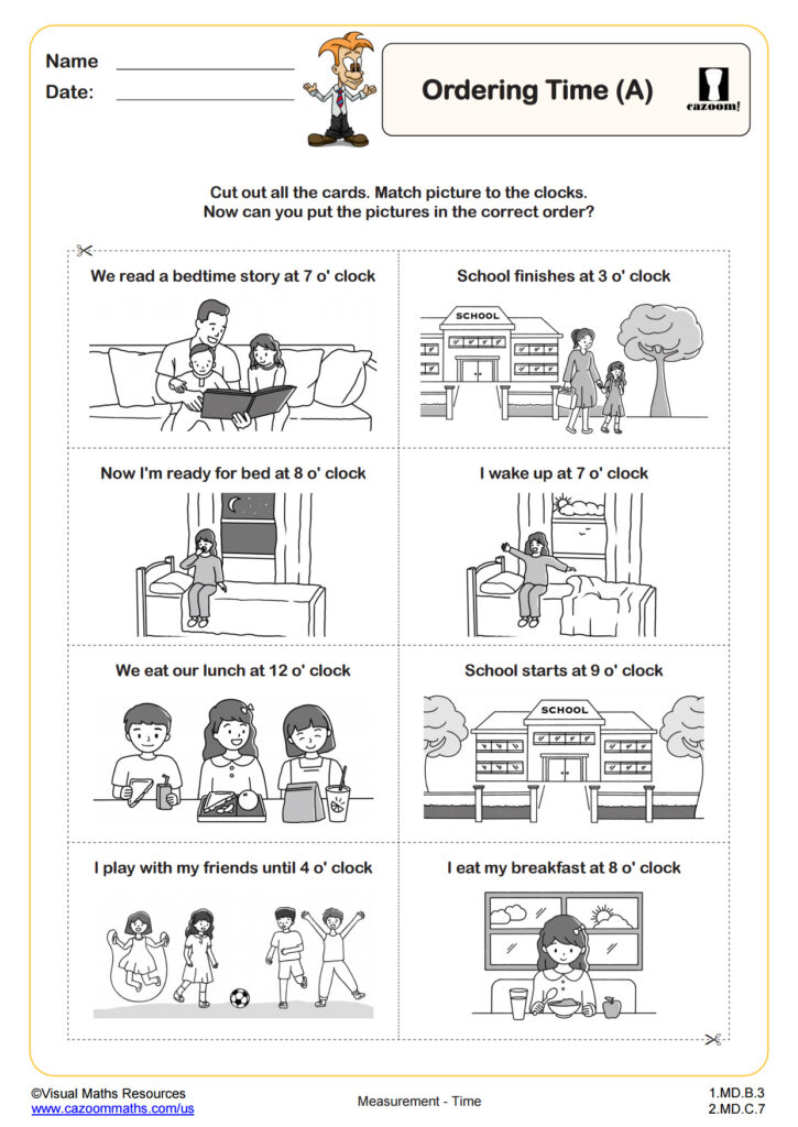 Printable math worksheet for ordering time with matching activities and illustrations
