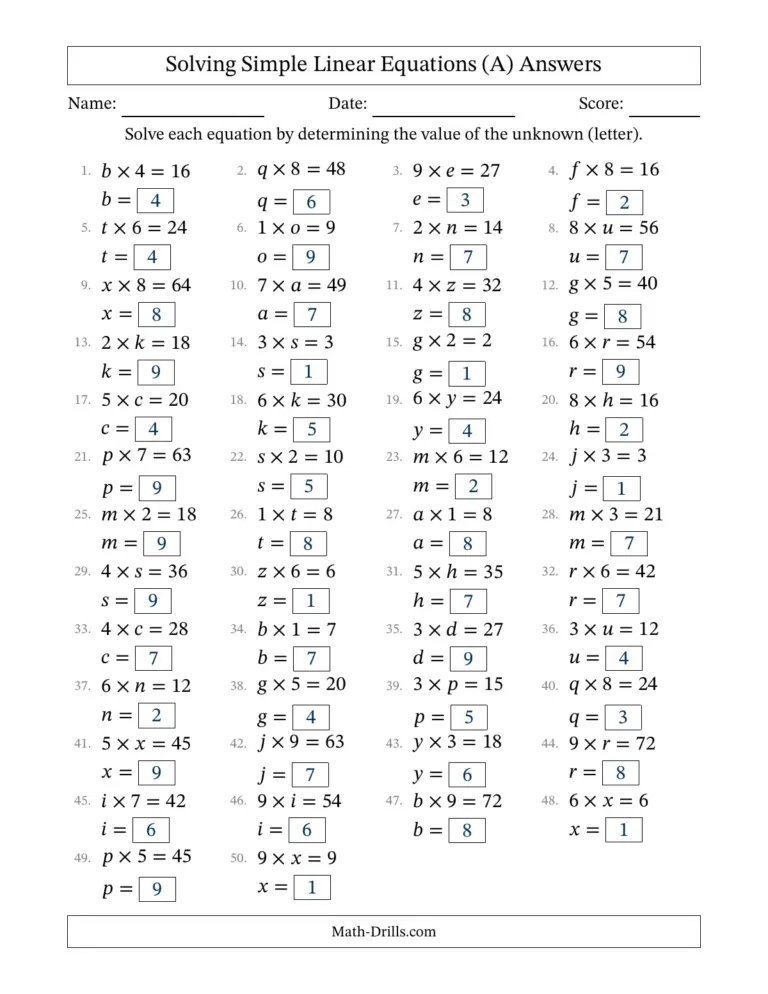 Free Math Worksheets And Answers featuring an algebra missing numbers worksheet for solving equations