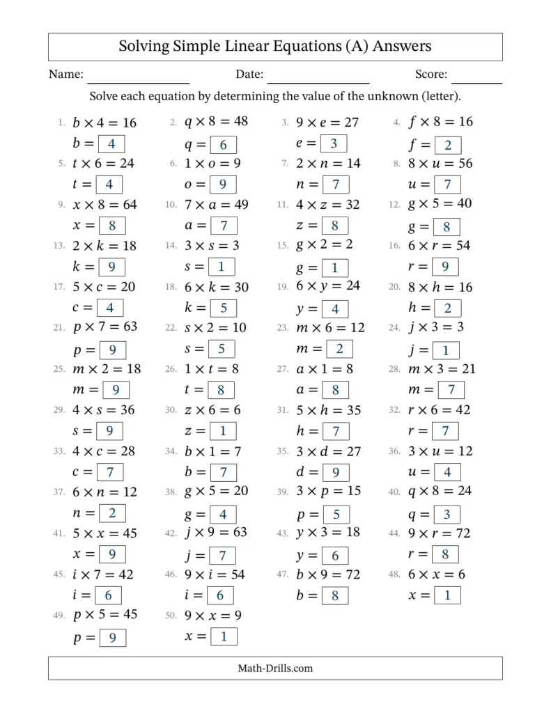 Free Math Worksheets and Answers