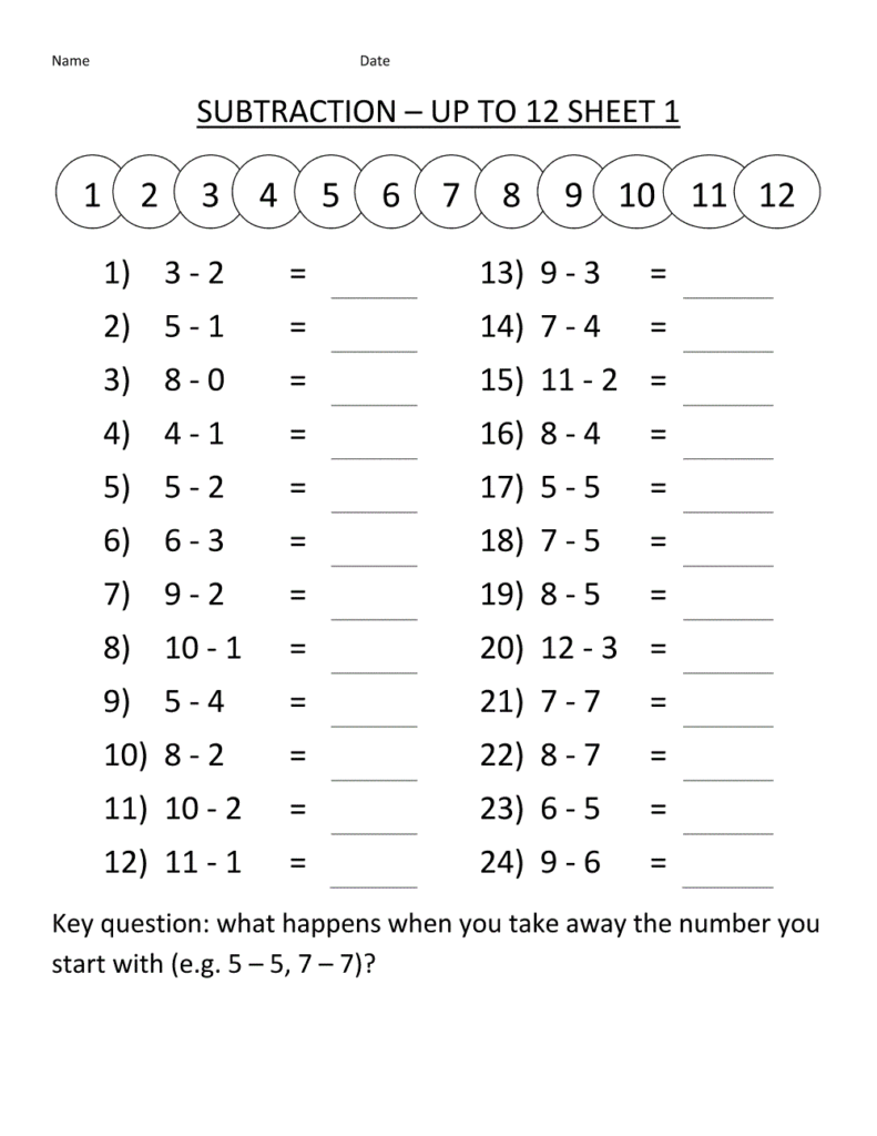 Subtraction practice worksheet for grade 1 with various problems to solve