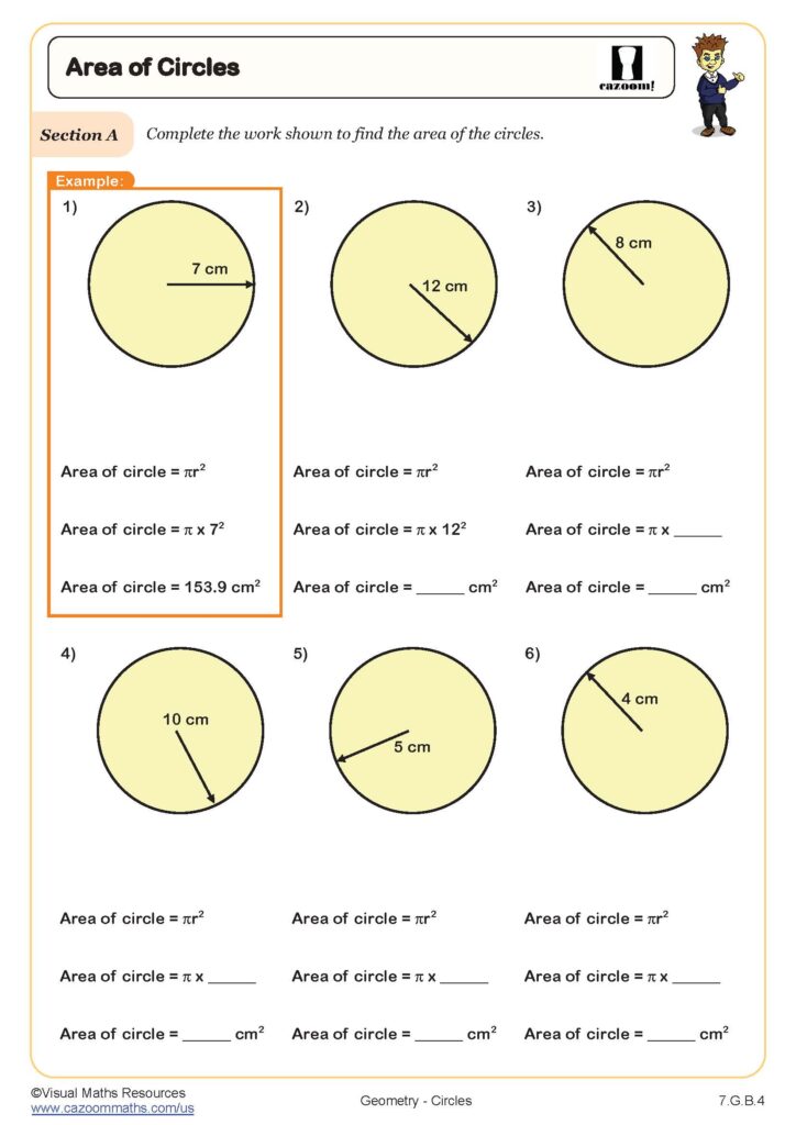 Free Math Worksheets With Answers featuring area of circles problems for students to solve