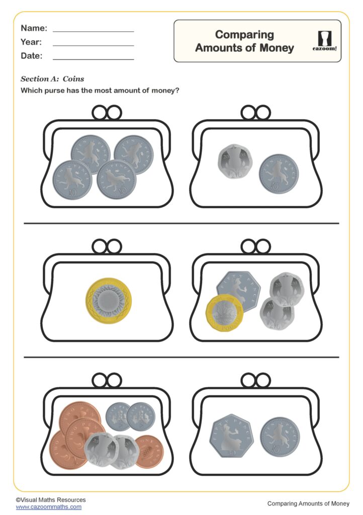 Free Maths Worksheets For Year 2 Uk - comparing amounts of money worksheet
