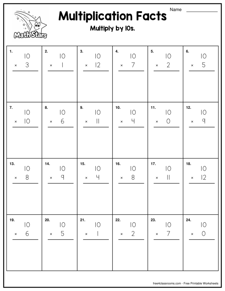 Vertical worksheet for practicing multiplication facts by 10s
