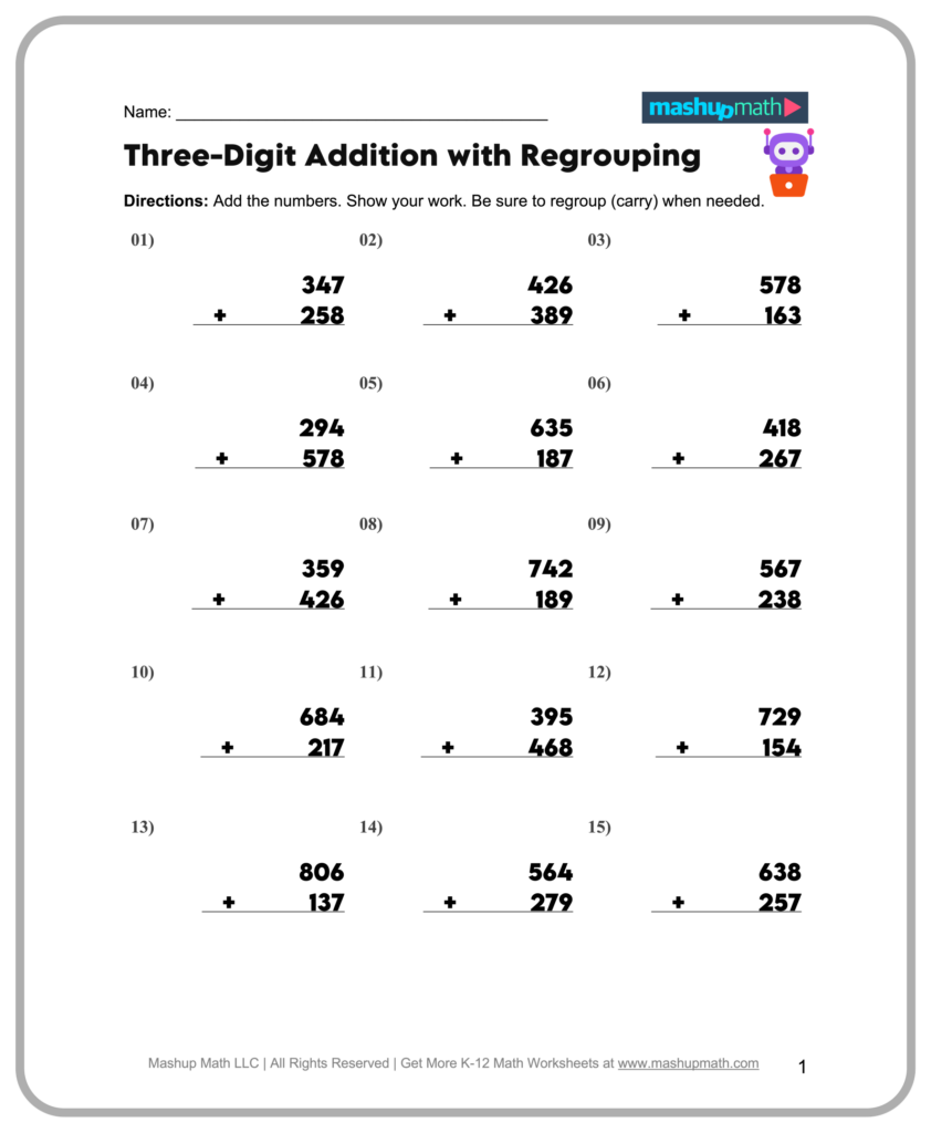 Free Online Printable Math Worksheets featuring three-digit addition with regrouping for 3rd graders