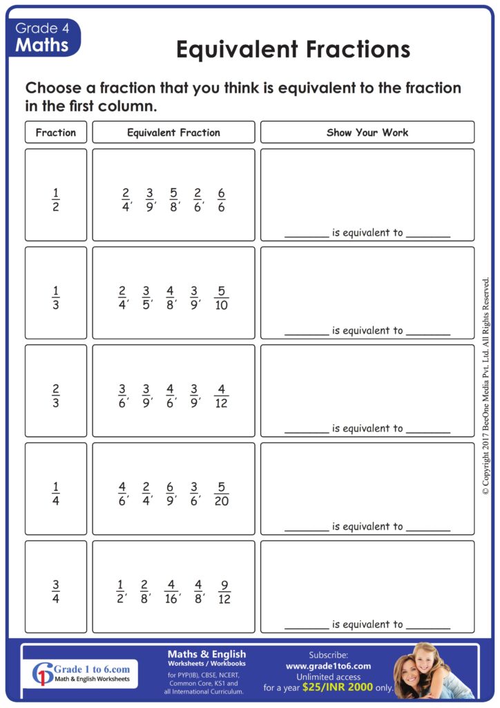 Free Primary 4 Maths Worksheets - fourth grade 4 equivalent fractions ib