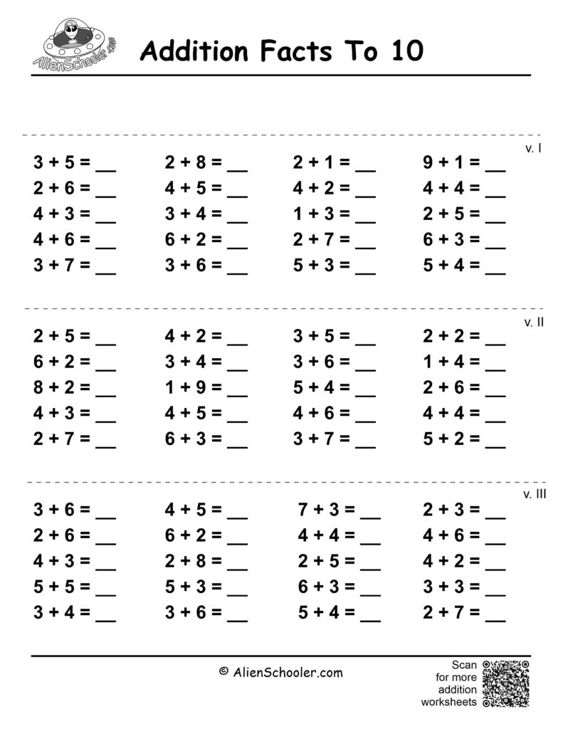 Free Printable 10 Years Old Maths Worksheet - addition facts to 10 worksheet 2