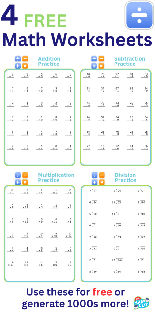 Free Printable Math Worksheets for Various Operations Collection of free printable math worksheets for addition, subtraction, multiplication, and division