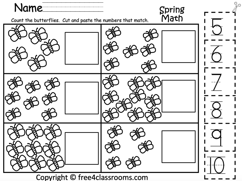 Free printable counting numbers worksheet for spring with butterflies for kindergarten and preschool