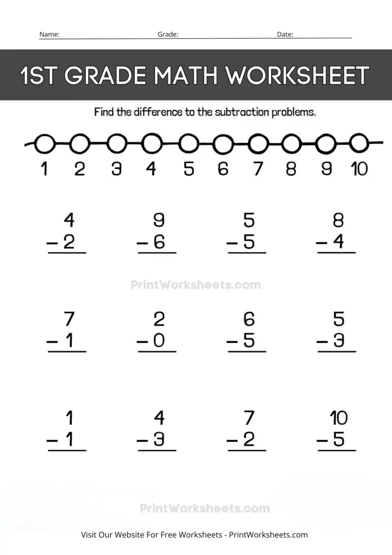 Free Printable Elementary Math Worksheets featuring subtraction problems for 1st graders