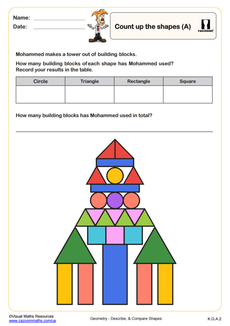 Free Printable Math Work Sheets featuring a counting shapes activity for kids