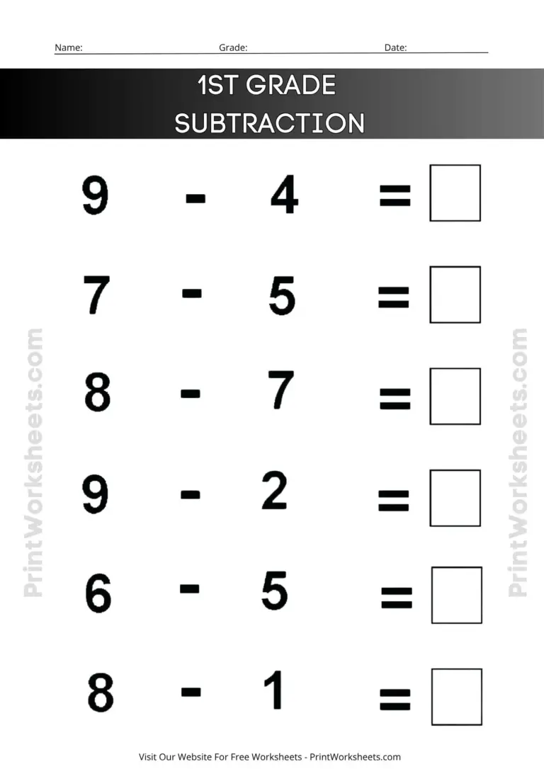 Free Printable Sheets For Math featuring a 1st grade subtraction worksheet with problems