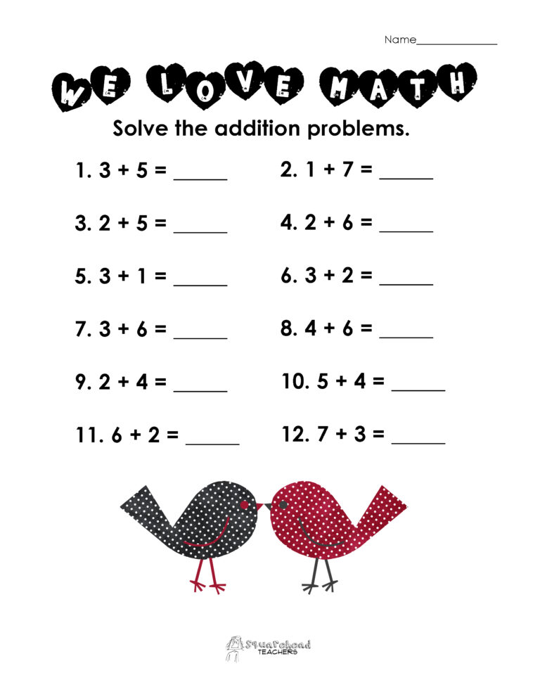 Free Printable Simple Math Worksheets featuring Valentine's Day themed addition problems for kids
