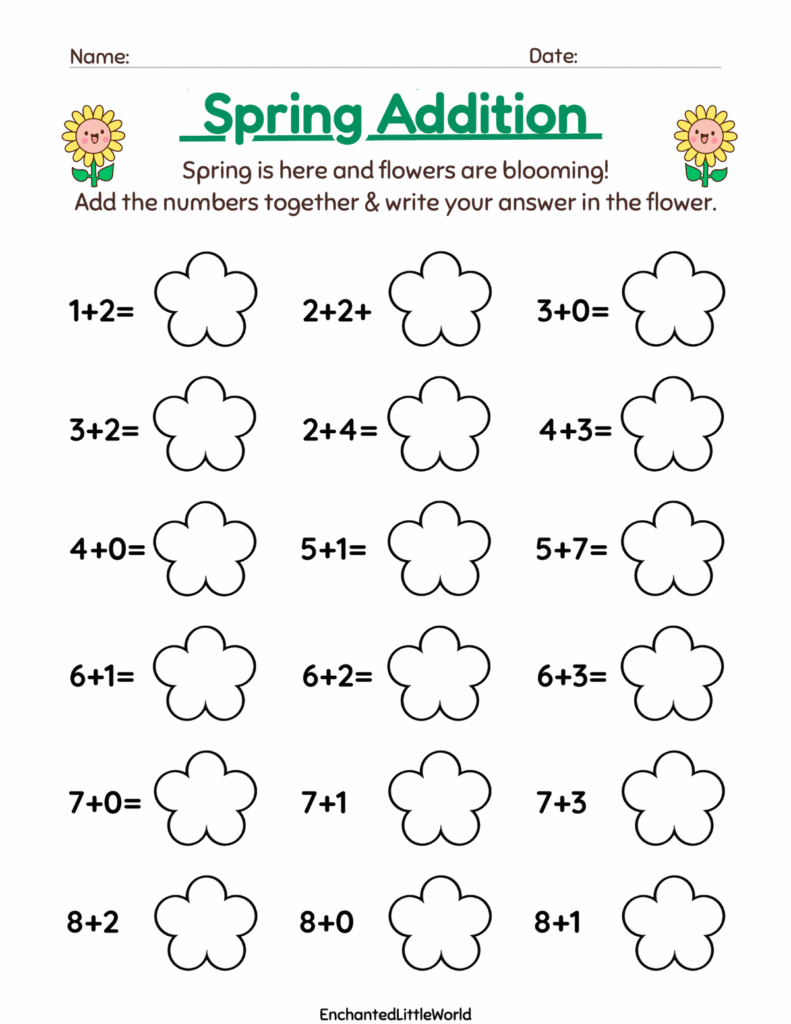 Colorful spring addition worksheet for kids with flower-themed addition problems