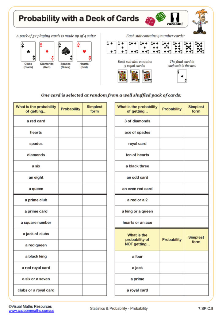 Free Probability Worksheets For 2nd Grade - probability with a deck of cards worksheet
