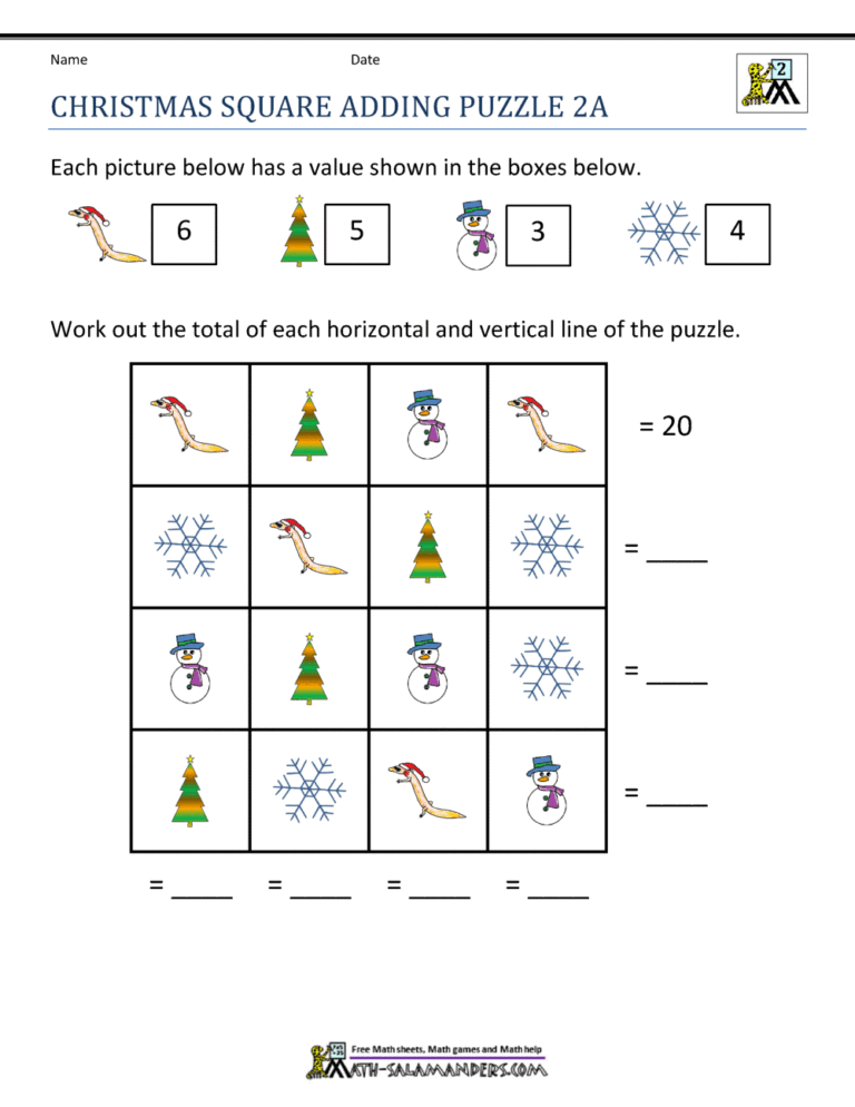 Fun Math Sheets For 2nd Grade featuring a Christmas square adding puzzle with festive s