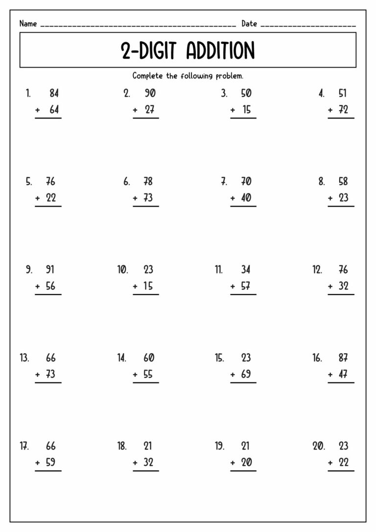 Printable 2-digit addition worksheet featuring various addition problems for Fun Math Worksheets For 2nd Graders