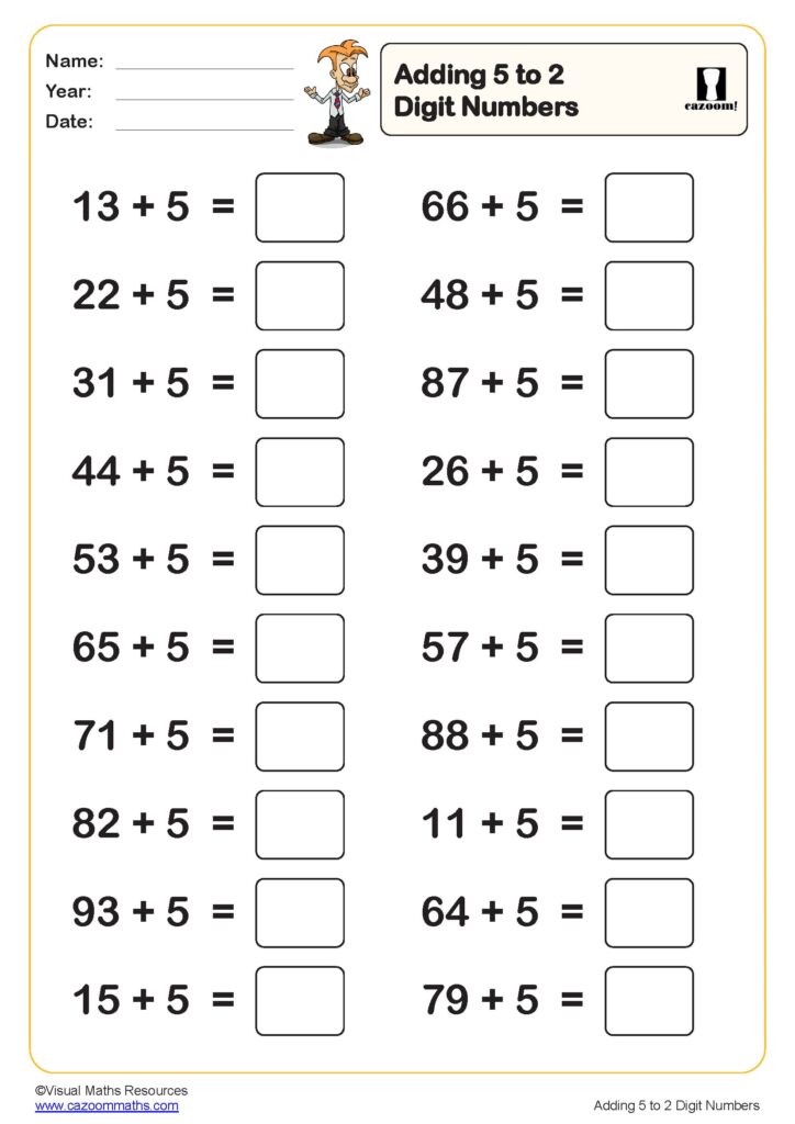 Fun Maths Worksheets Year 2 – adding 5 to 2 digit numbers 20 questions worksheet Fun Maths Worksheets Year 2 - adding 5 to 2 digit numbers 20 questions worksheet