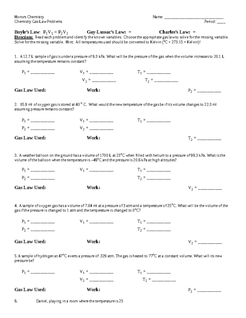 Gas And Oil Math Problems Worksheets - gas law problems worksheet for honors chemistry