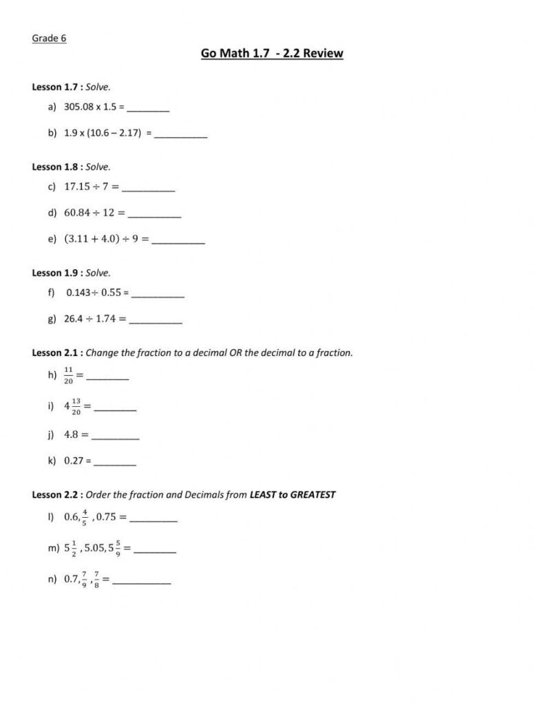 Go Math G6 Lesson 1.7 - 2.2 Review worksheet - Worksheets Library