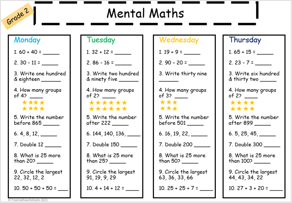 Grade 2 Math Homework Sheets - grade 2 mental maths