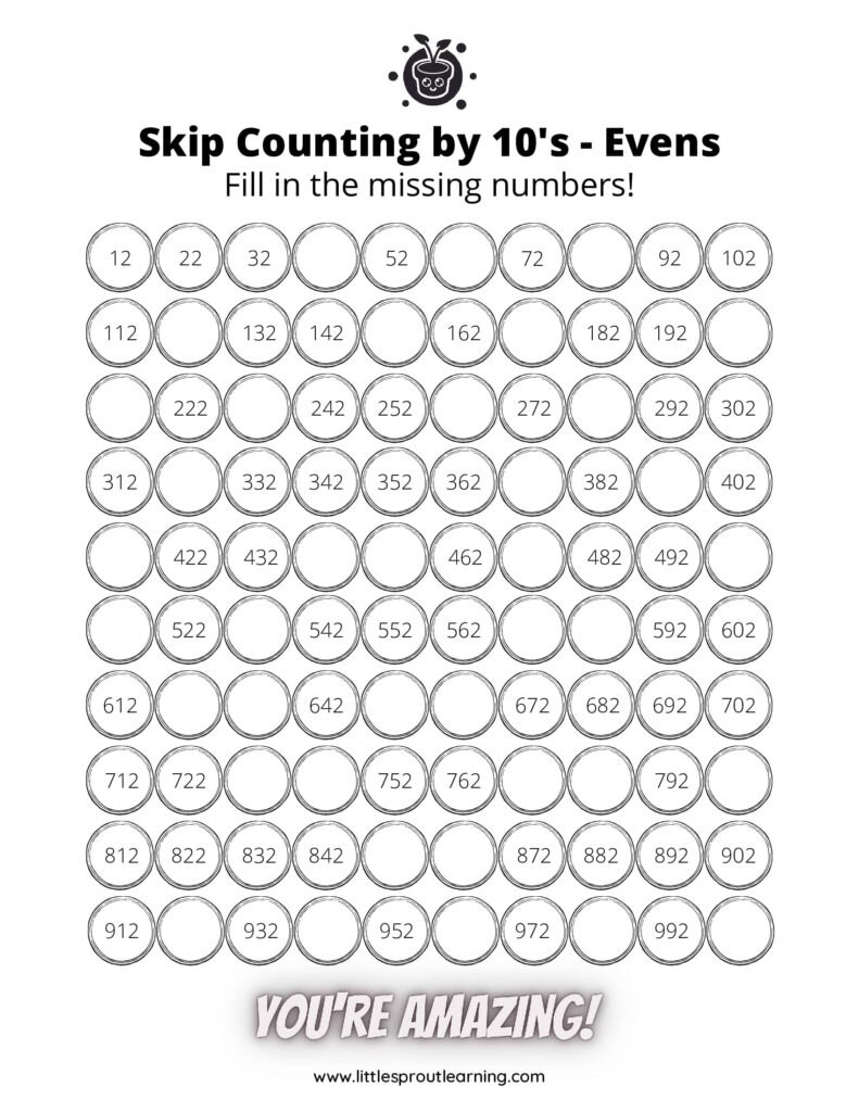 Grade 2 math worksheet for skip counting by 10's with missing numbers to fill in