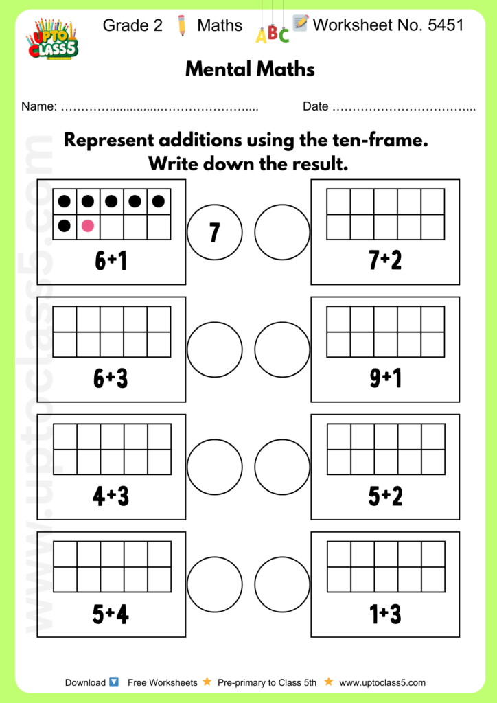 Grade 2 Maths Worksheet No 5451 – Mental Maths Printable Grade 2 maths worksheet with ten-frame for addition practice