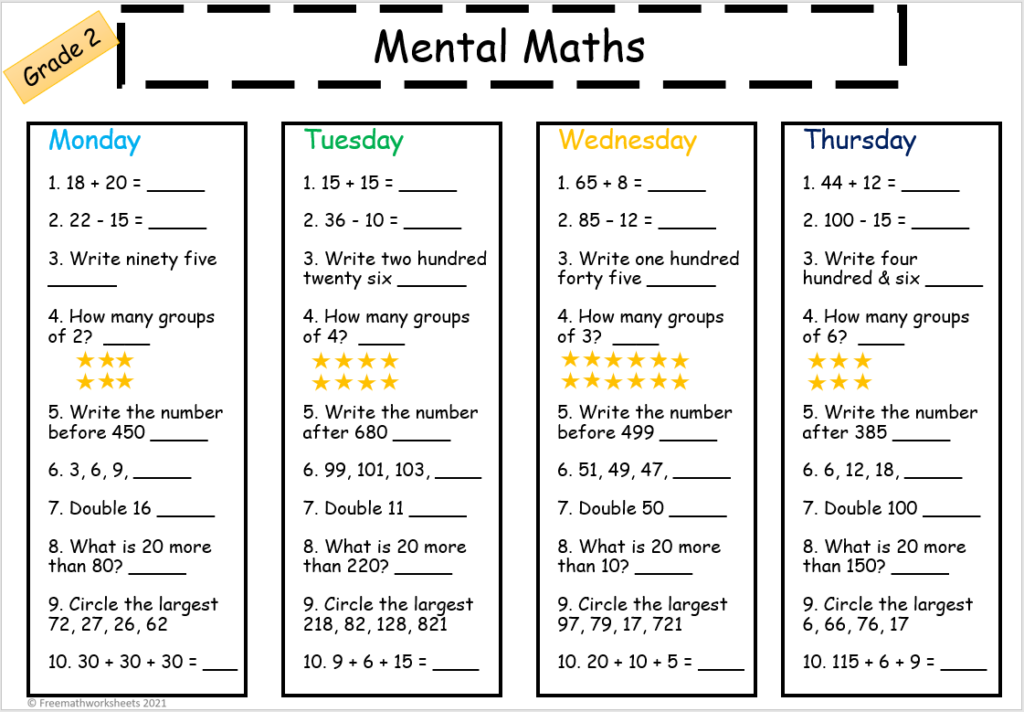 Colorful grade 2 mental maths worksheet with daily exercises