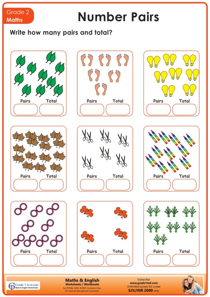 Colorful Grade 2 number bonds worksheet with pairs and totals for counting practice