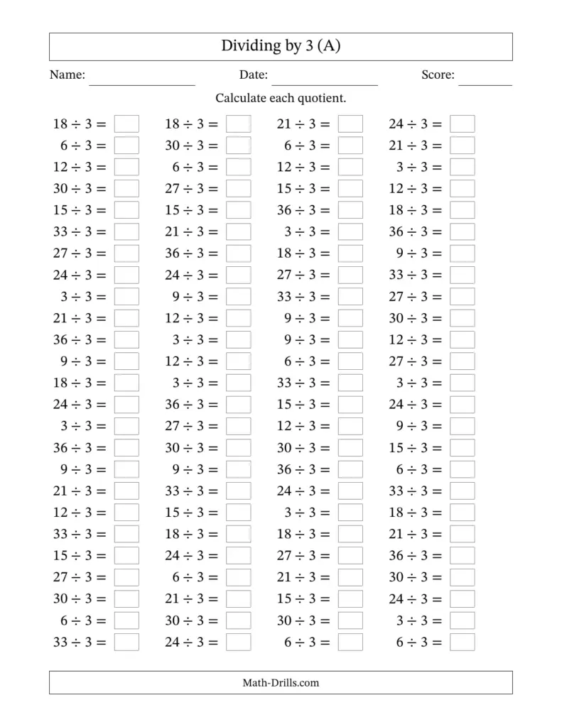 Grade 3 Math Drill Sheets - division facts 0303 0112 0 001