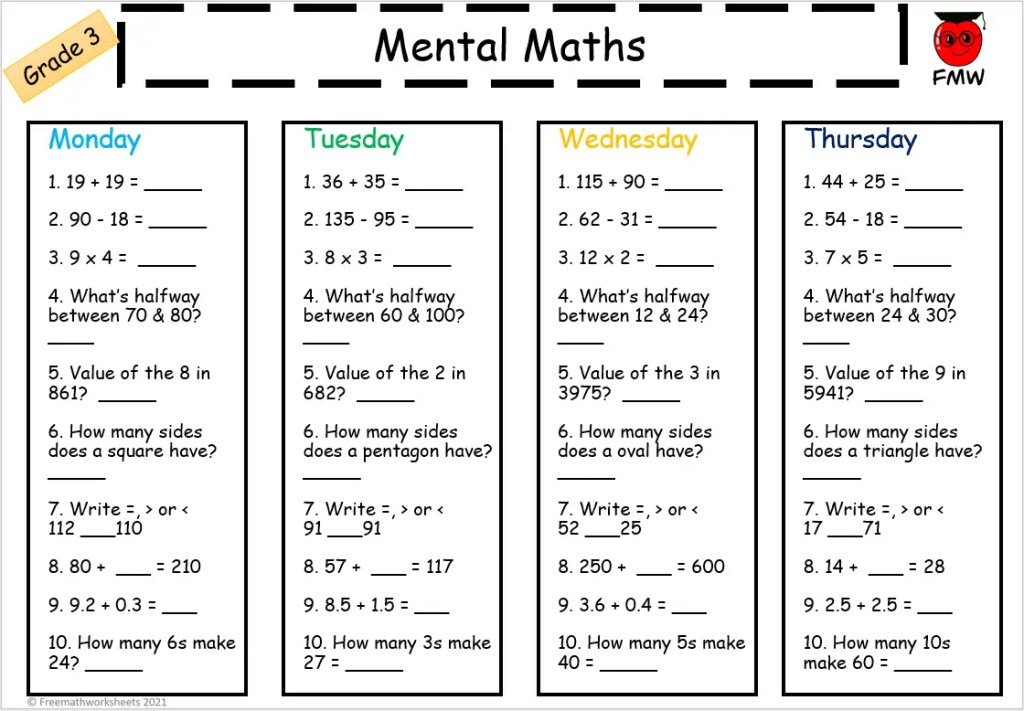Grade 3 Mental Maths Worksheet for Skill Development Grade 3 mental maths worksheet with various math challenges for students