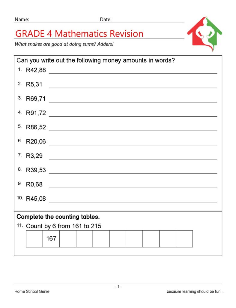 GRADE 4 MATH REVISION – FULL YEAR – 16PAGES WORKSHEETS / 16PAGES … GRADE 4 MATH REVISION - FULL YEAR - 16PAGES WORKSHEETS / 16PAGES ...