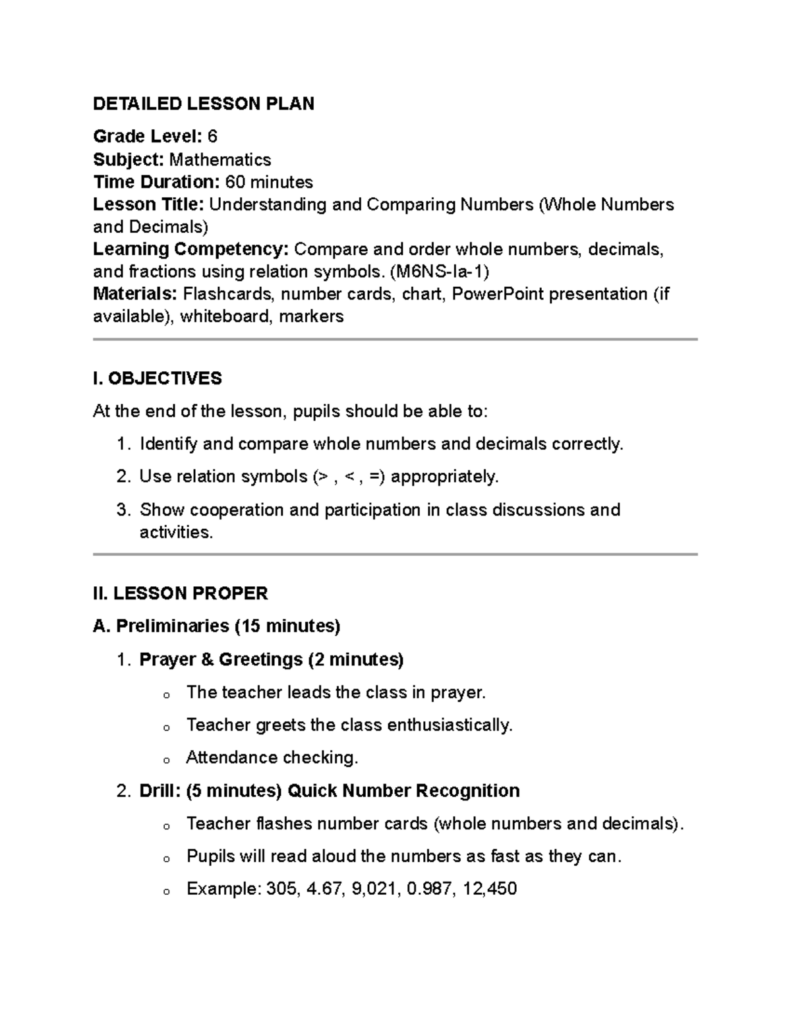 Grade 6 Detailed Lesson Plan in Mathematics Grade 6 lesson plan focusing on understanding and comparing whole numbers