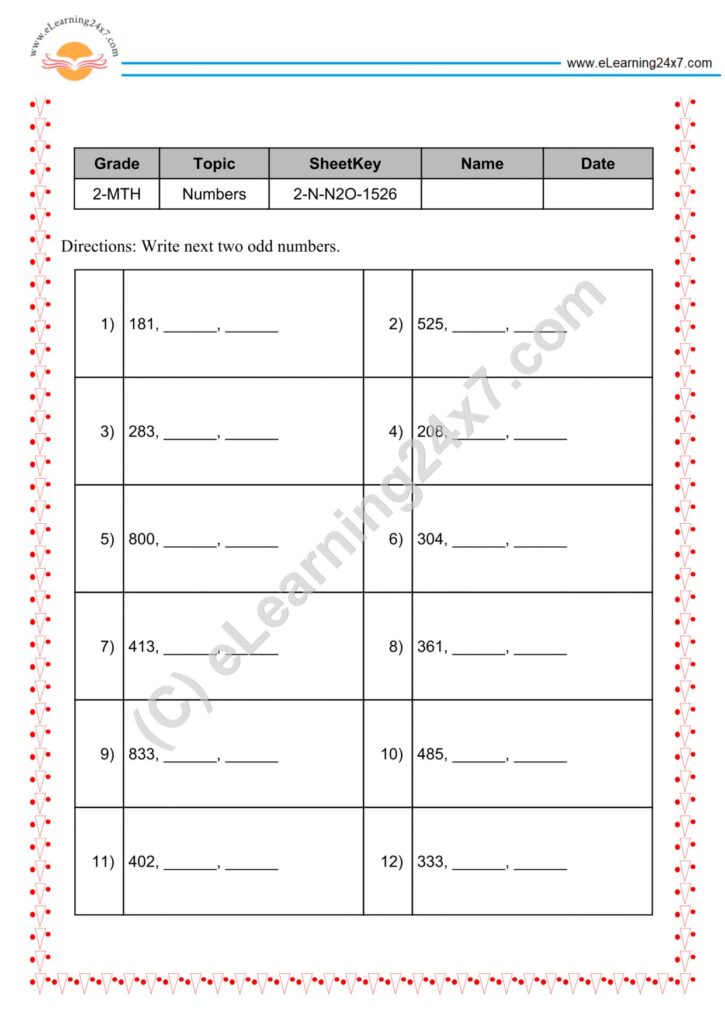 Printable worksheet for Grade 2 to write the next two odd numbers