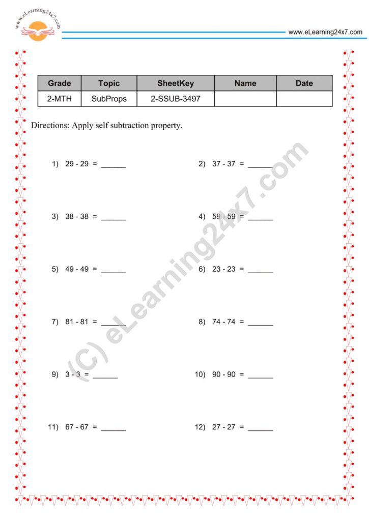 Grade 2 Subtraction Worksheets – Self Subtraction Property Grade 2 subtraction worksheets focusing on self-subtraction property exercises
