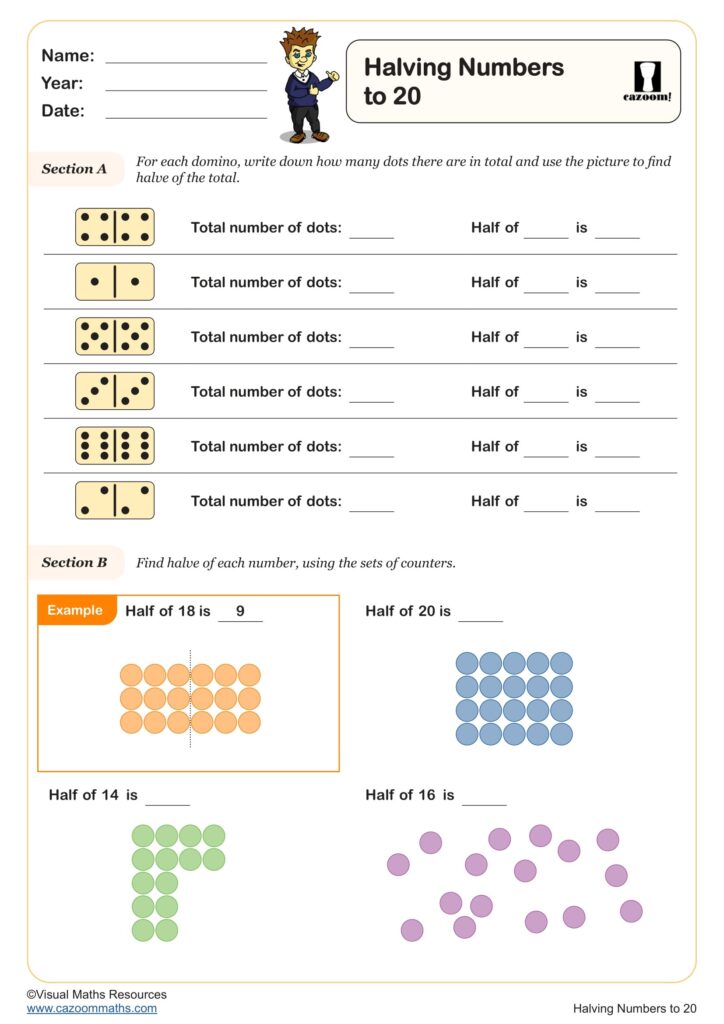 Worksheet for halving numbers to 20 with visual aids and exercises