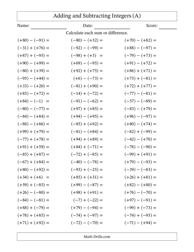 Adding and Subtracting Integers Worksheet – Math Practice Worksheet for adding and subtracting integers with various problems for practice