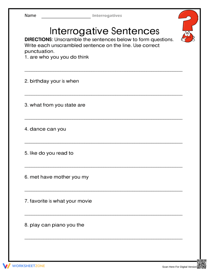 Printable Interrogative Sentences Worksheet Interactive printable worksheet for unscrambling interrogative sentences