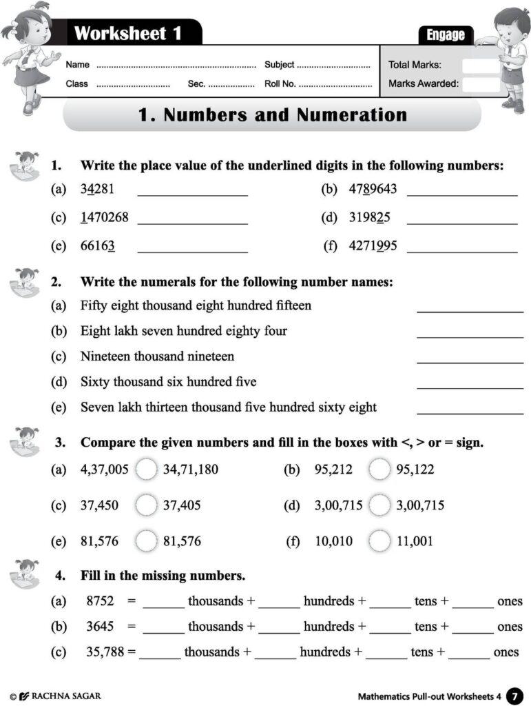 Printable worksheet for Grade 4 focusing on numbers and numeration exercises