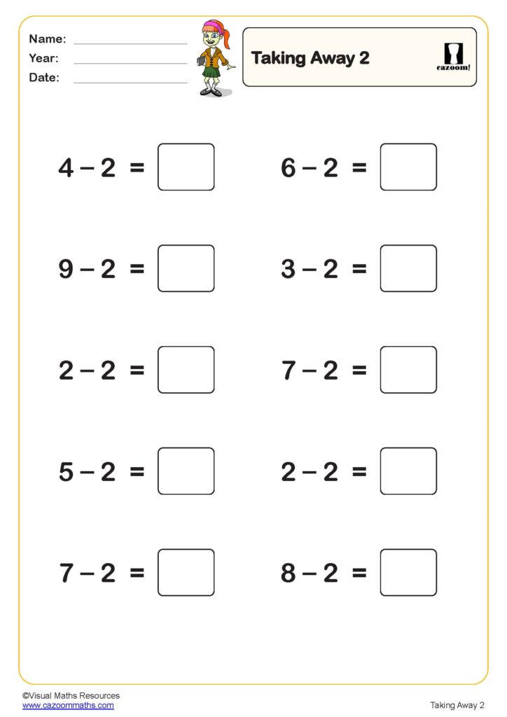 Key Stage 2 Maths Problems Worksheets - taking away 2 10 questions worksheet