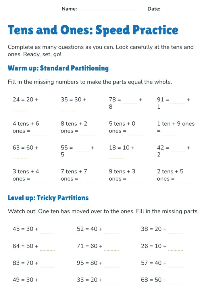 Kids Maths Worksheets Year 2 - tens and ones