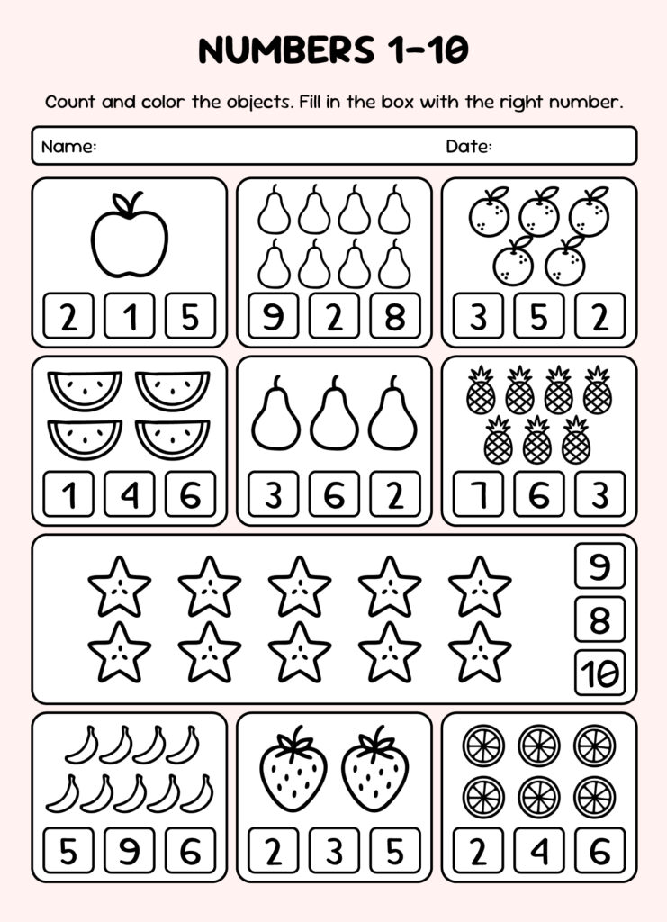 Colorful kindergarten math worksheet template for counting and coloring objects